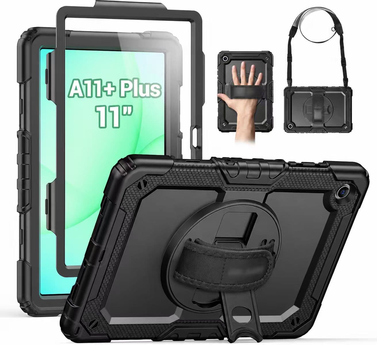 Rugged tablet case product reference with handle and strap views